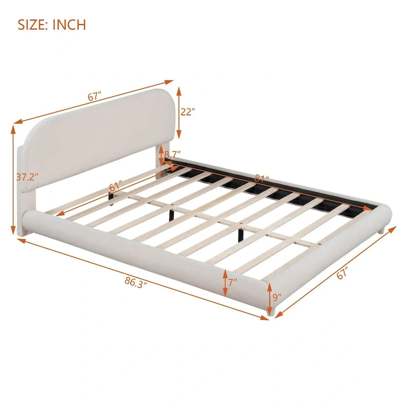 Teddy Fleece Queen Size Upholstered Platform Bed with Thick Fabric, Solid Frame and Stylish Curve-shaped Design