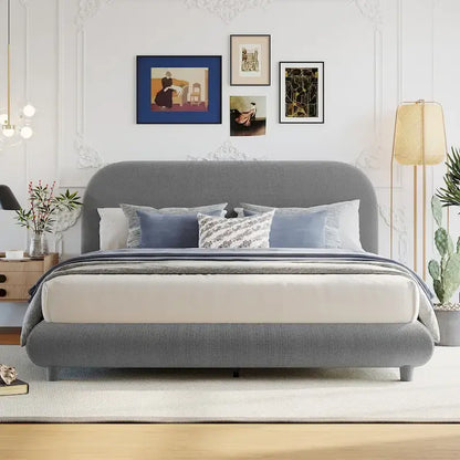 Teddy Fleece Queen Size Upholstered Platform Bed with Thick Fabric, Solid Frame and Stylish Curve-shaped Design