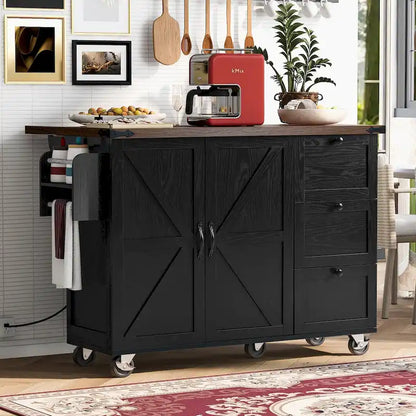 54.5 farmhouse kitchen island with electrical outlets, rolling kitchen cart with wheels