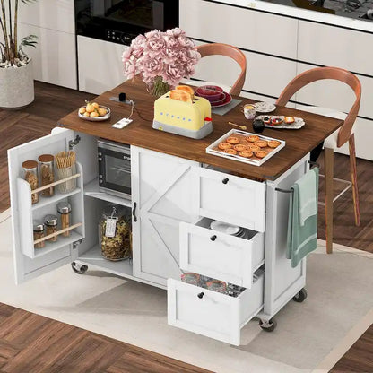 54.5 farmhouse kitchen island with electrical outlets, rolling kitchen cart with wheels