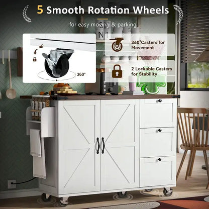 54.5 farmhouse kitchen island with electrical outlets, rolling kitchen cart with wheels