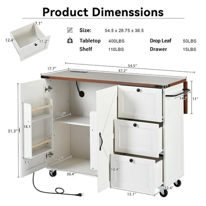 54.5 farmhouse kitchen island with electrical outlets, rolling kitchen cart with wheels