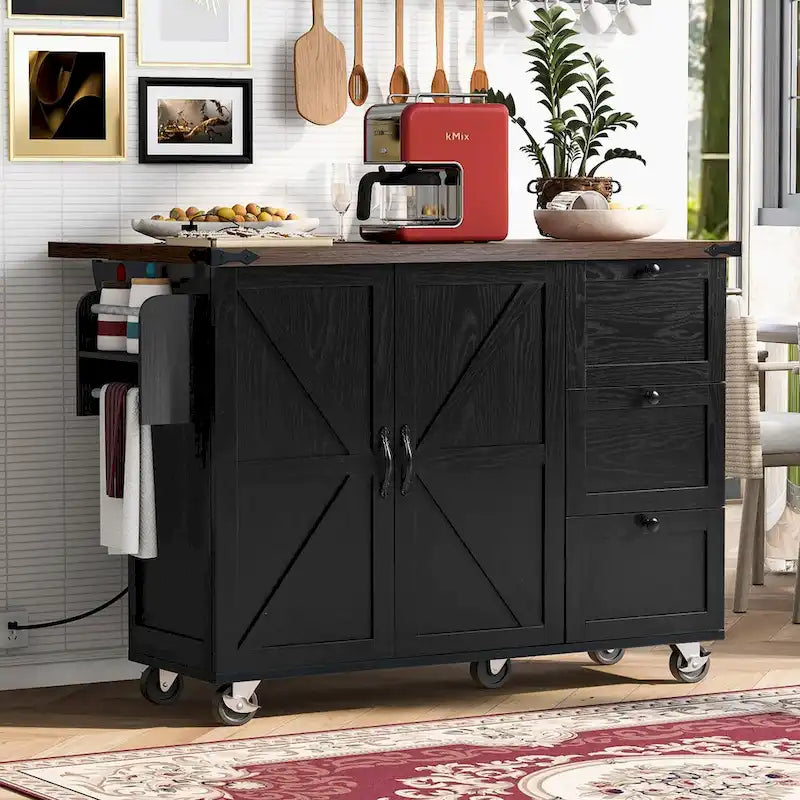 54.5 farmhouse kitchen island with electrical outlets, rolling kitchen cart with wheels
