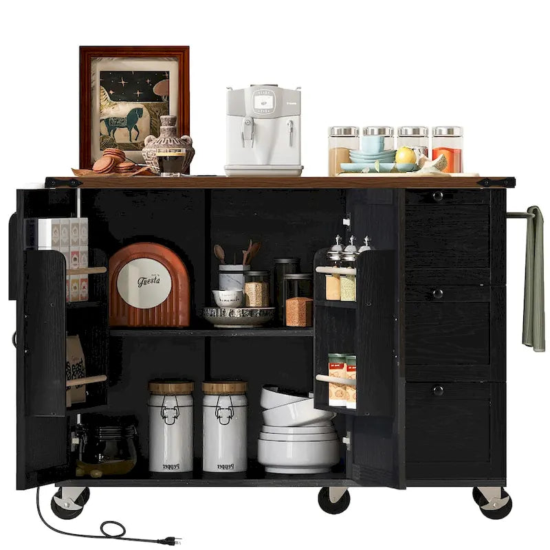 54.5 farmhouse kitchen island with electrical outlets, rolling kitchen cart with wheels
