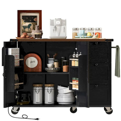 54.5 farmhouse kitchen island with electrical outlets, rolling kitchen cart with wheels