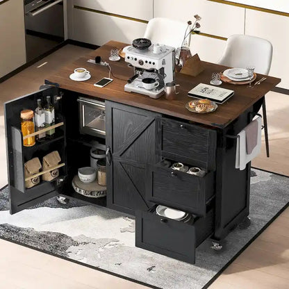 54.5 farmhouse kitchen island with electrical outlets, rolling kitchen cart with wheels