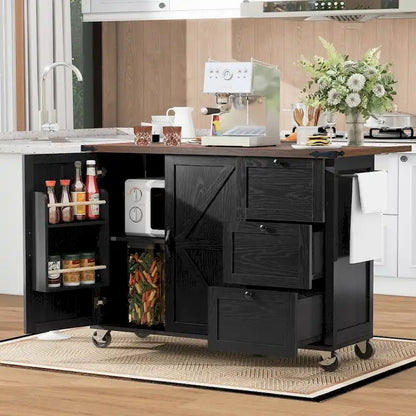 54.5 farmhouse kitchen island with electrical outlets, rolling kitchen cart with wheels