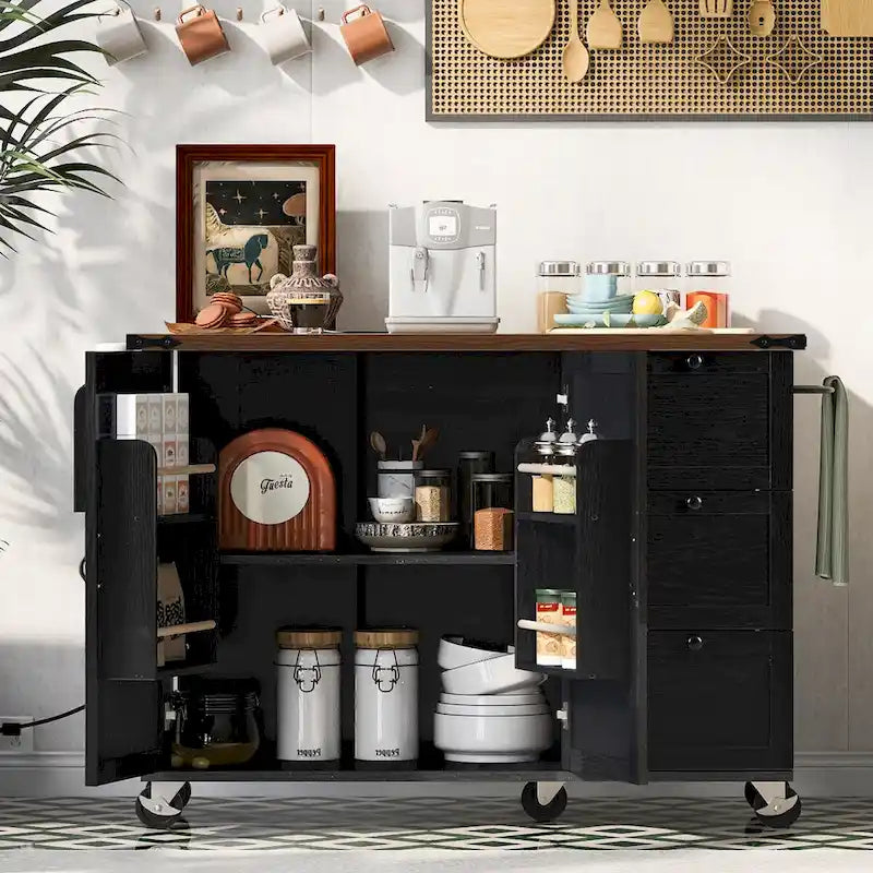 54.5 farmhouse kitchen island with electrical outlets, rolling kitchen cart with wheels