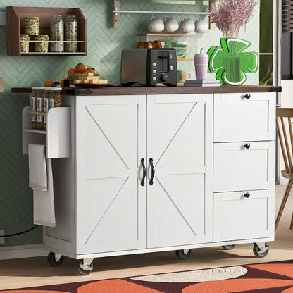 54.5 farmhouse kitchen island with electrical outlets, rolling kitchen cart with wheels