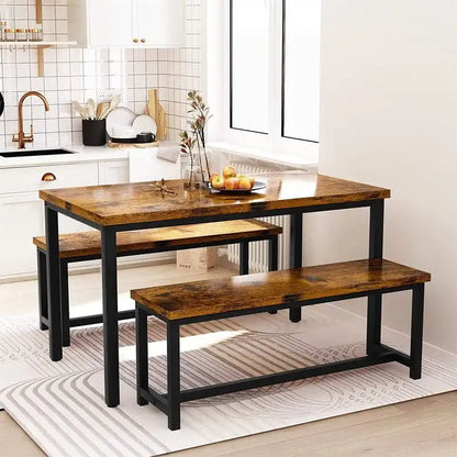 Charming Simple Style Dining Table Set with a Table and two Benches, with Foot Pad, for Kitchen, Dining Room
