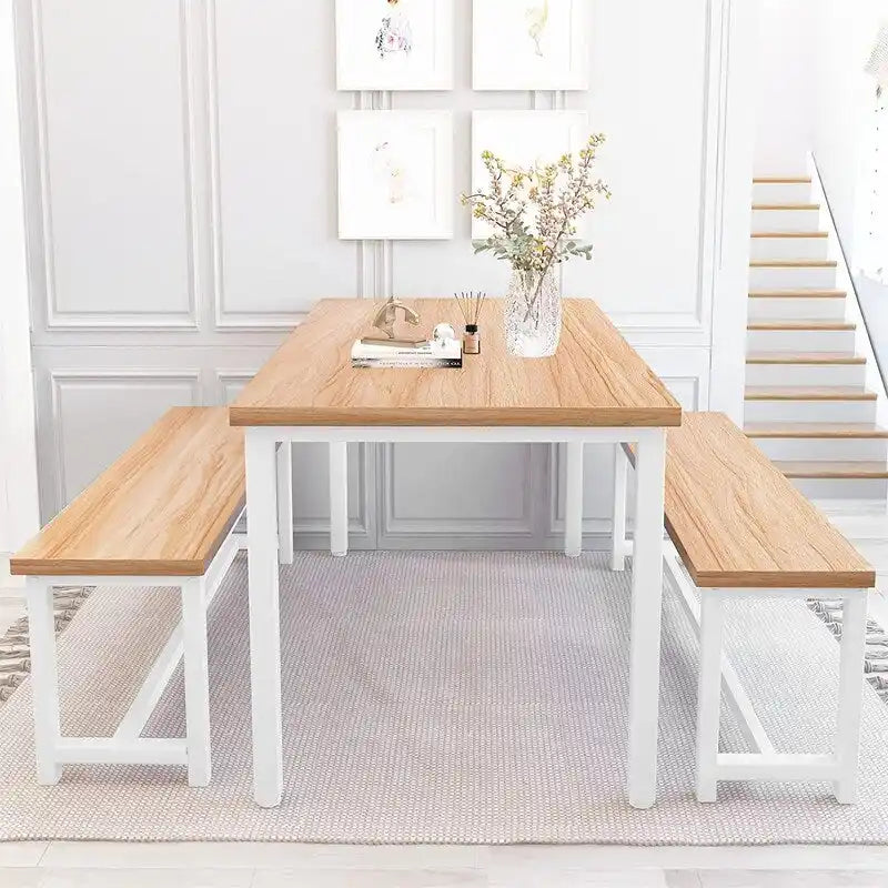 Charming Simple Style Dining Table Set with a Table and two Benches, with Foot Pad, for Kitchen, Dining Room