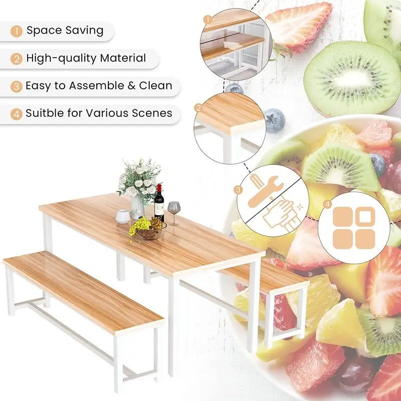 Charming Simple Style Dining Table Set with a Table and two Benches, with Foot Pad, for Kitchen, Dining Room