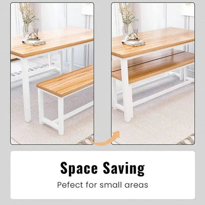 Charming Simple Style Dining Table Set with a Table and two Benches, with Foot Pad, for Kitchen, Dining Room