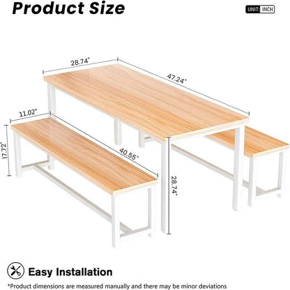Charming Simple Style Dining Table Set with a Table and two Benches, with Foot Pad, for Kitchen, Dining Room