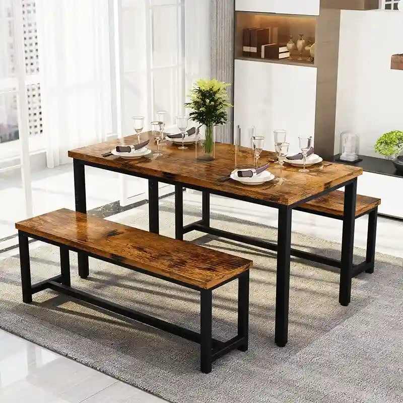 Charming Simple Style Dining Table Set with a Table and two Benches, with Foot Pad, for Kitchen, Dining Room