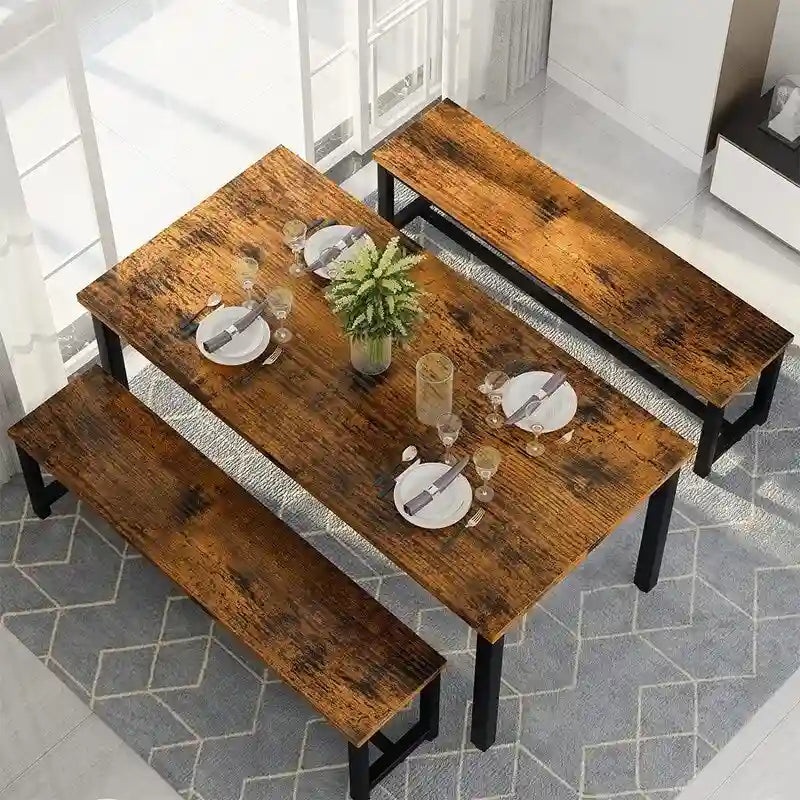 Charming Simple Style Dining Table Set with a Table and two Benches, with Foot Pad, for Kitchen, Dining Room