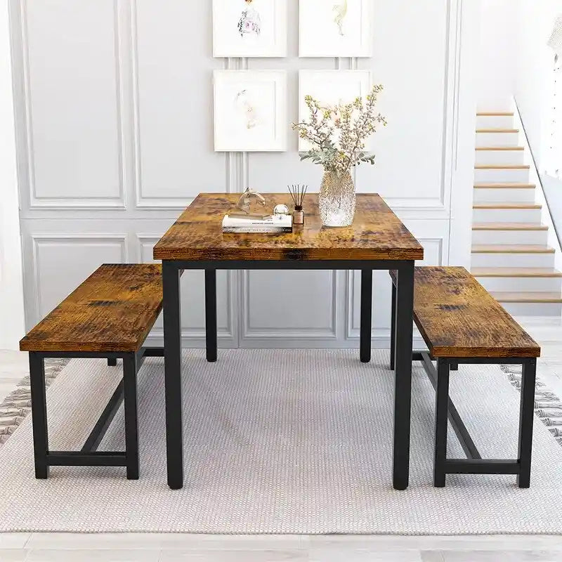 Charming Simple Style Dining Table Set with a Table and two Benches, with Foot Pad, for Kitchen, Dining Room