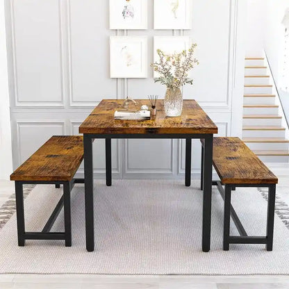 Charming Simple Style Dining Table Set with a Table and two Benches, with Foot Pad, for Kitchen, Dining Room