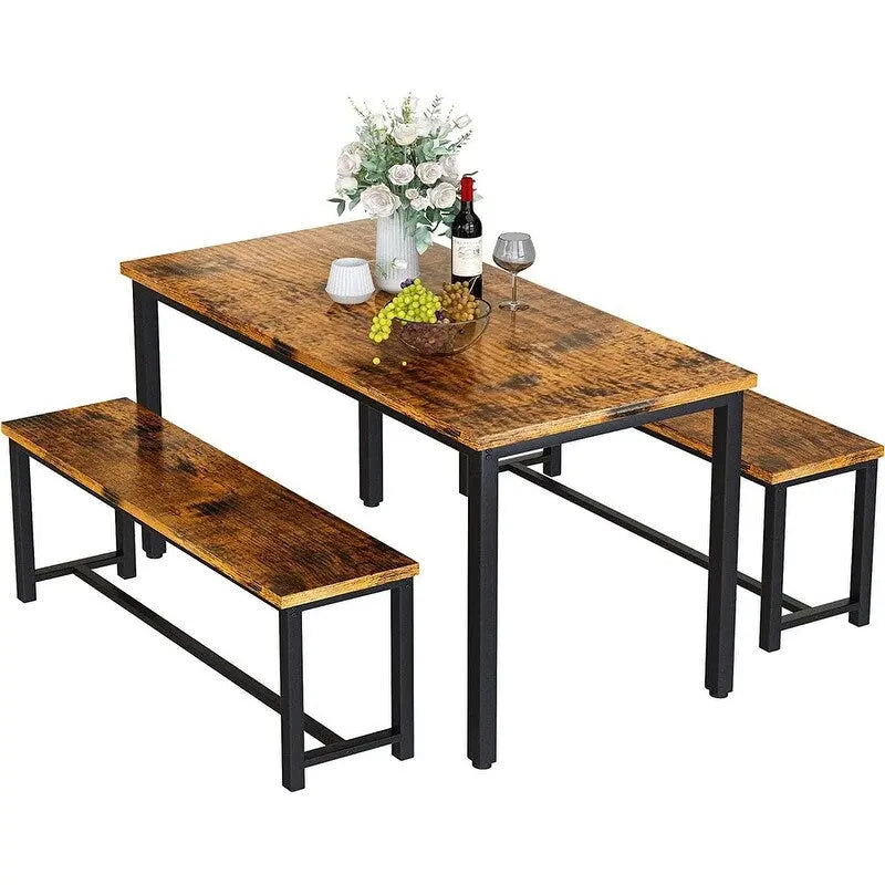 Charming Simple Style Dining Table Set with a Table and two Benches, with Foot Pad, for Kitchen, Dining Room