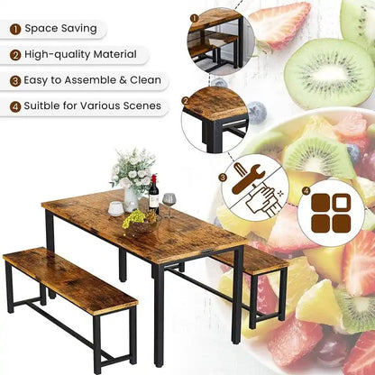 Charming Simple Style Dining Table Set with a Table and two Benches, with Foot Pad, for Kitchen, Dining Room
