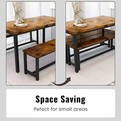 Charming Simple Style Dining Table Set with a Table and two Benches, with Foot Pad, for Kitchen, Dining Room