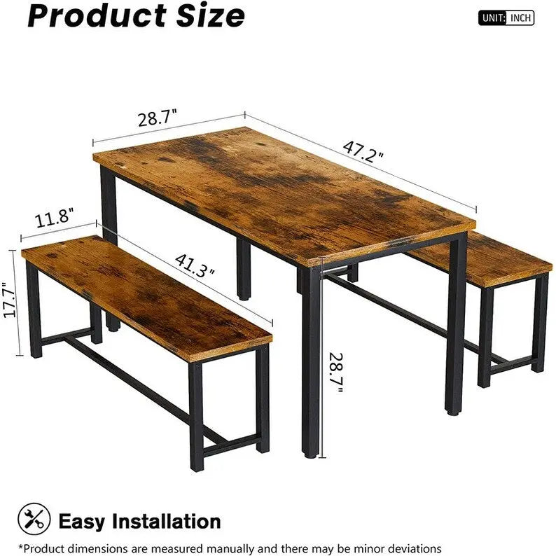 Charming Simple Style Dining Table Set with a Table and two Benches, with Foot Pad, for Kitchen, Dining Room