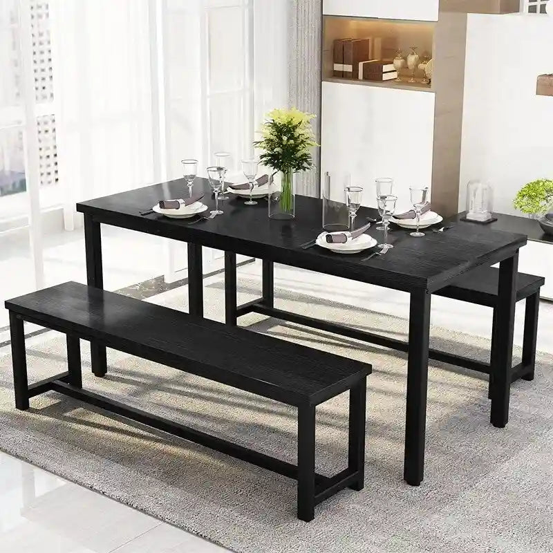 Charming Simple Style Dining Table Set with a Table and two Benches, with Foot Pad, for Kitchen, Dining Room