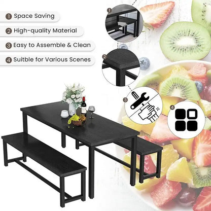 Charming Simple Style Dining Table Set with a Table and two Benches, with Foot Pad, for Kitchen, Dining Room