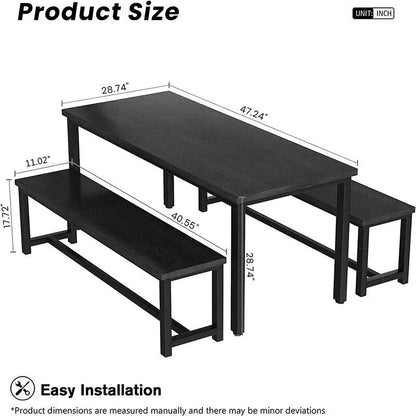 Charming Simple Style Dining Table Set with a Table and two Benches, with Foot Pad, for Kitchen, Dining Room
