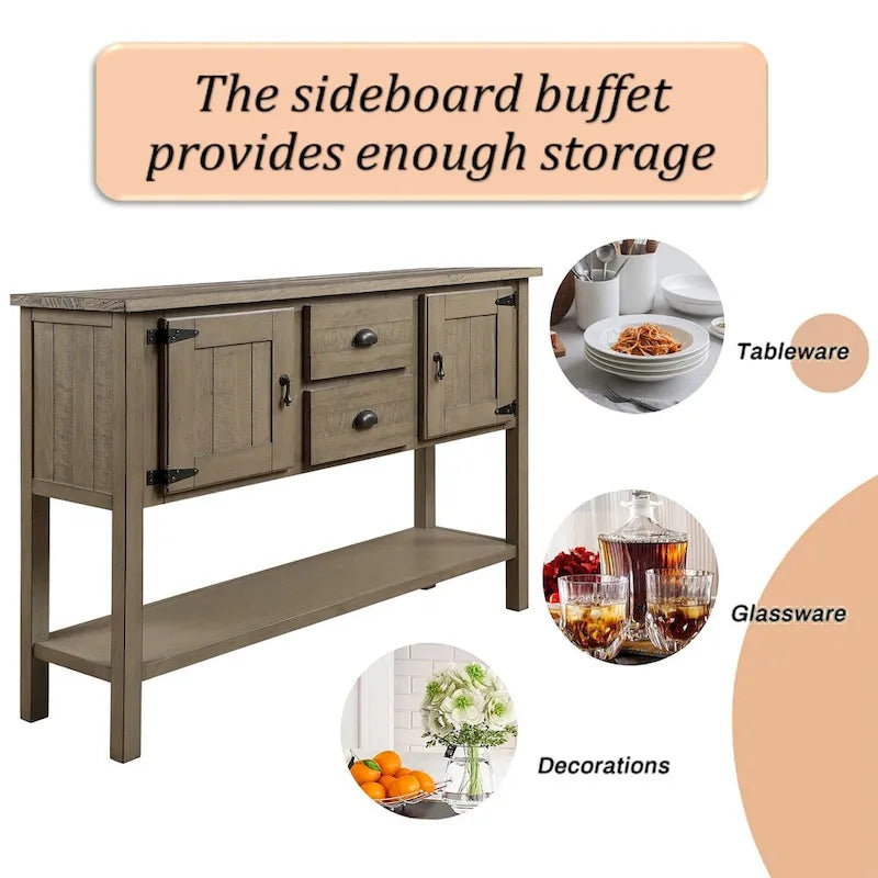 48 Solid Wood Sideboard Console Table with 2 Drawers and Cabinets and Bottom Shelf - N/A