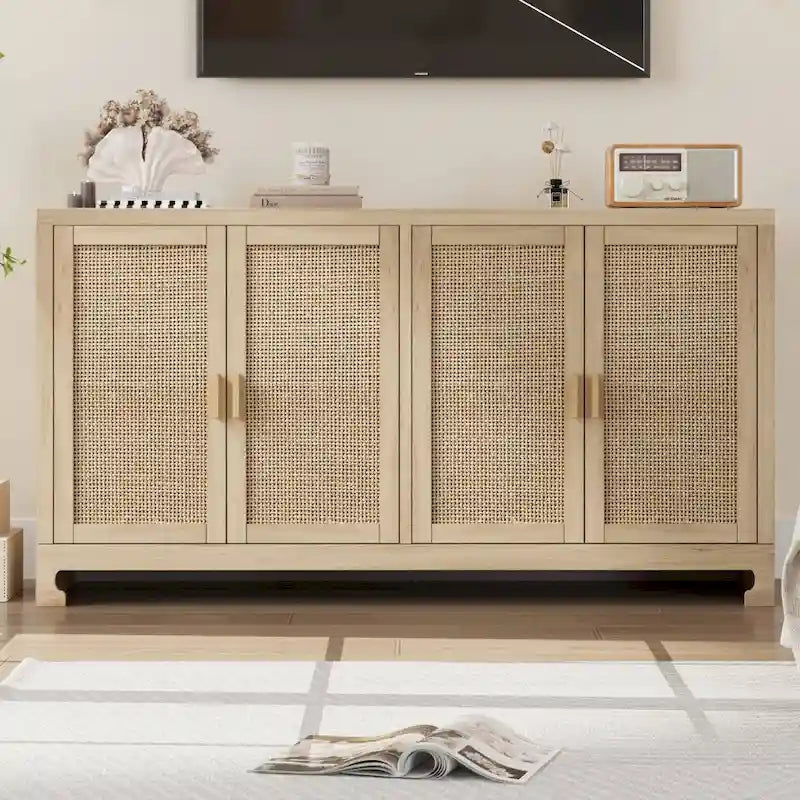 Rattan Buffet Storage Cabinet with 4 Doors and Shelf - N/A