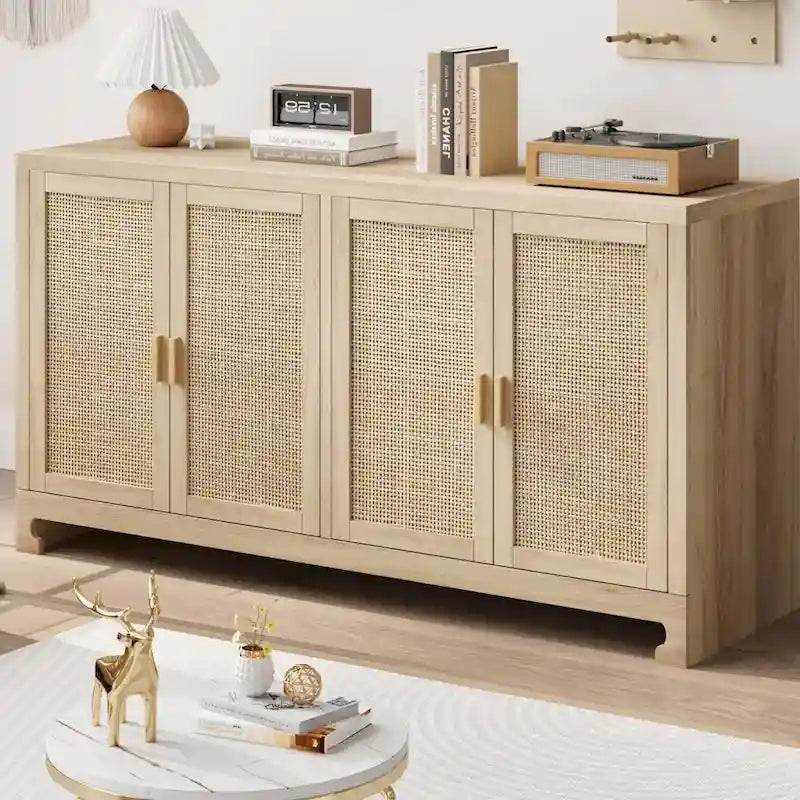 Rattan Buffet Storage Cabinet with 4 Doors and Shelf - N/A