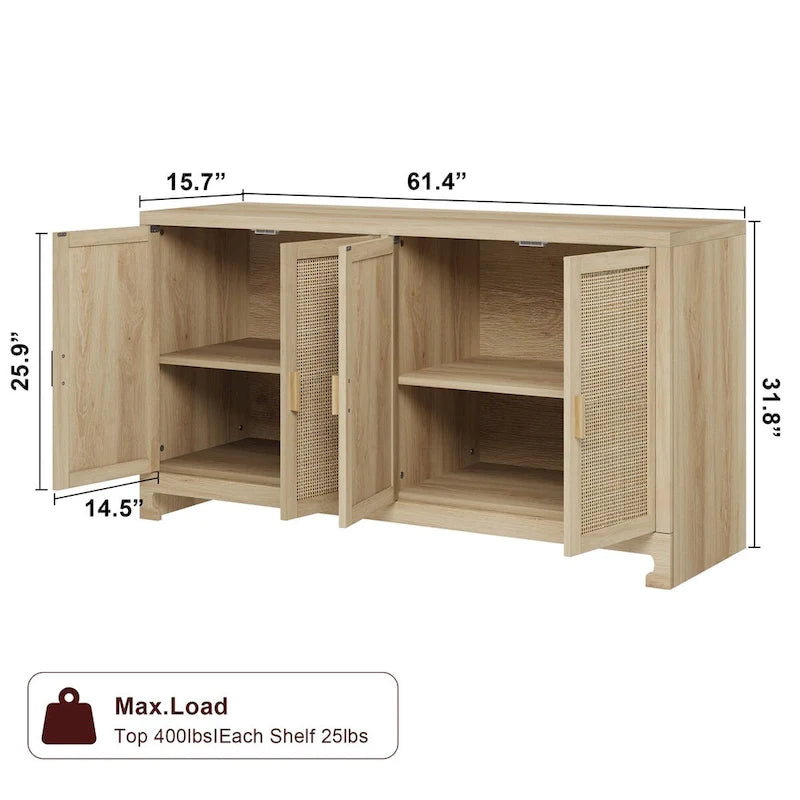 Rattan Buffet Storage Cabinet with 4 Doors and Shelf - N/A