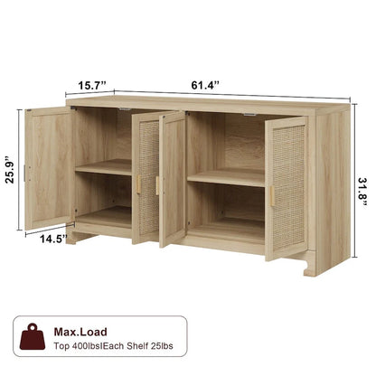 Rattan Buffet Storage Cabinet with 4 Doors and Shelf - N/A