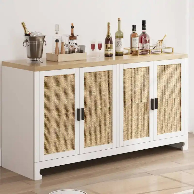Rattan Buffet Storage Cabinet with 4 Doors and Shelf - N/A