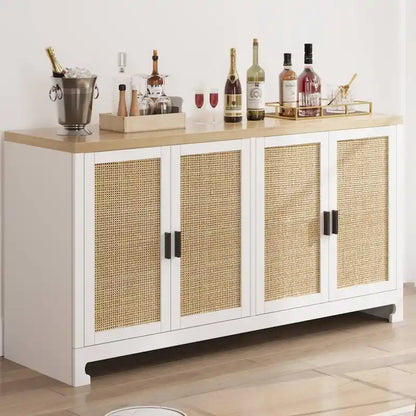 Rattan Buffet Storage Cabinet with 4 Doors and Shelf - N/A