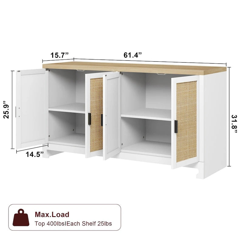 Rattan Buffet Storage Cabinet with 4 Doors and Shelf - N/A