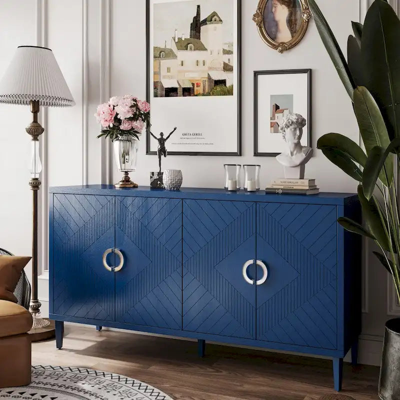 Unique Stylish 4-Door Storage Cabinet with Pine Legs Sideboard Buffets