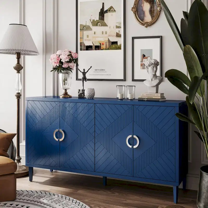 Unique Stylish 4-Door Storage Cabinet with Pine Legs Sideboard Buffets