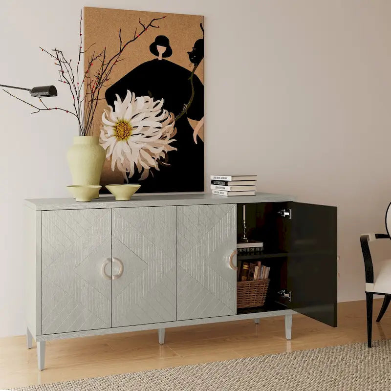 Unique Stylish 4-Door Storage Cabinet with Pine Legs Sideboard Buffets