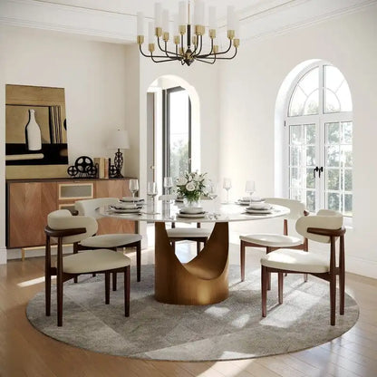 Modern Round Dining Table for DiningroomWhite Glossy Stone Tabletop,Bronze Carbon Pedestal