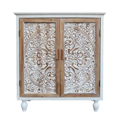 Vintage Free-Standing Buffet Cabinet with 2 Carved Doors,Brown and White, 34.5 H - 31.3x 14.2x 34.5