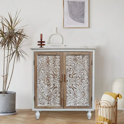 Vintage Free-Standing Buffet Cabinet with 2 Carved Doors,Brown and White, 34.5 H - 31.3x 14.2x 34.5