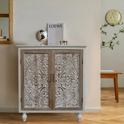Vintage Free-Standing Buffet Cabinet with 2 Carved Doors,Brown and White, 34.5 H - 31.3x 14.2x 34.5