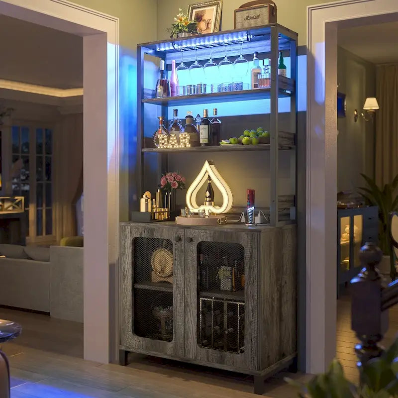 67 Tall Wine Bar Cabinet Liquor Cabinet with LED Lights  Glass Holder  Power Outlets,5-Tiers Corner Utensils Display Cabinet