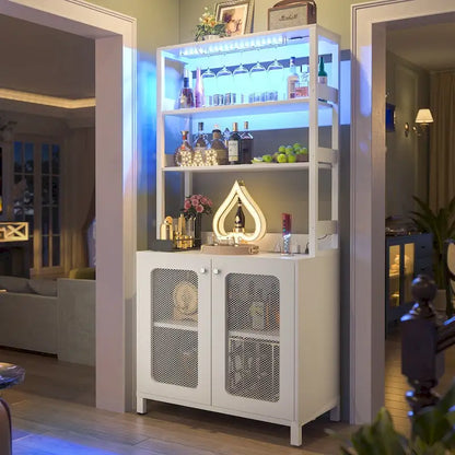 67 Tall Wine Bar Cabinet Liquor Cabinet with LED Lights  Glass Holder  Power Outlets,5-Tiers Corner Utensils Display Cabinet
