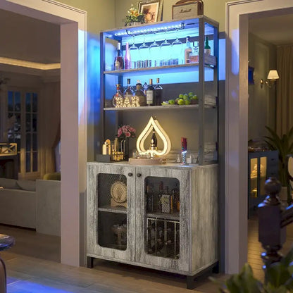 67 Tall Wine Bar Cabinet Liquor Cabinet with LED Lights  Glass Holder  Power Outlets,5-Tiers Corner Utensils Display Cabinet