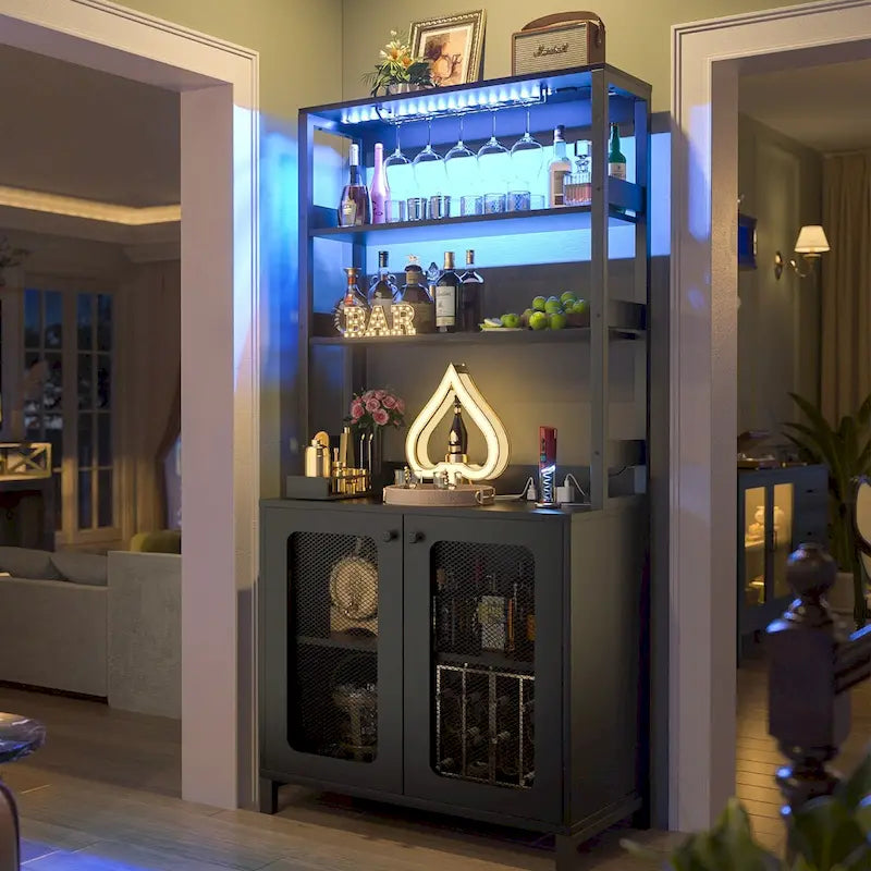 67 Tall Wine Bar Cabinet Liquor Cabinet with LED Lights  Glass Holder  Power Outlets,5-Tiers Corner Utensils Display Cabinet