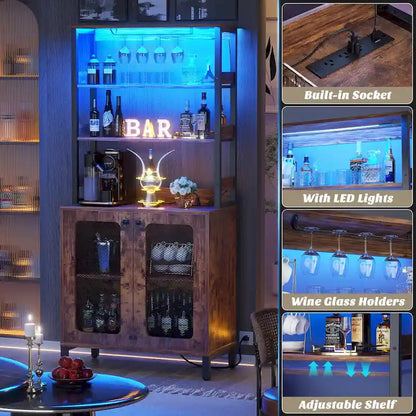 67 Tall Wine Bar Cabinet Liquor Cabinet with LED Lights  Glass Holder  Power Outlets,5-Tiers Corner Utensils Display Cabinet