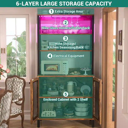 67 Tall Wine Bar Cabinet Liquor Cabinet with LED Lights  Glass Holder  Power Outlets,5-Tiers Corner Utensils Display Cabinet